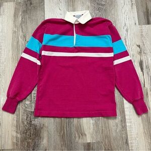Vintage Lands End Rugby Shirt Polo Long Sleeve Pink Striped Mens Small USA